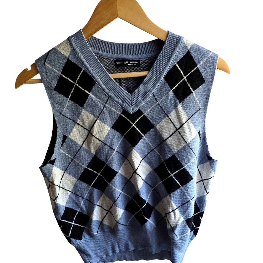 Preppy Women's Classic V-Neck Plaid Sweater Vest Large Fitted Blue Argyle